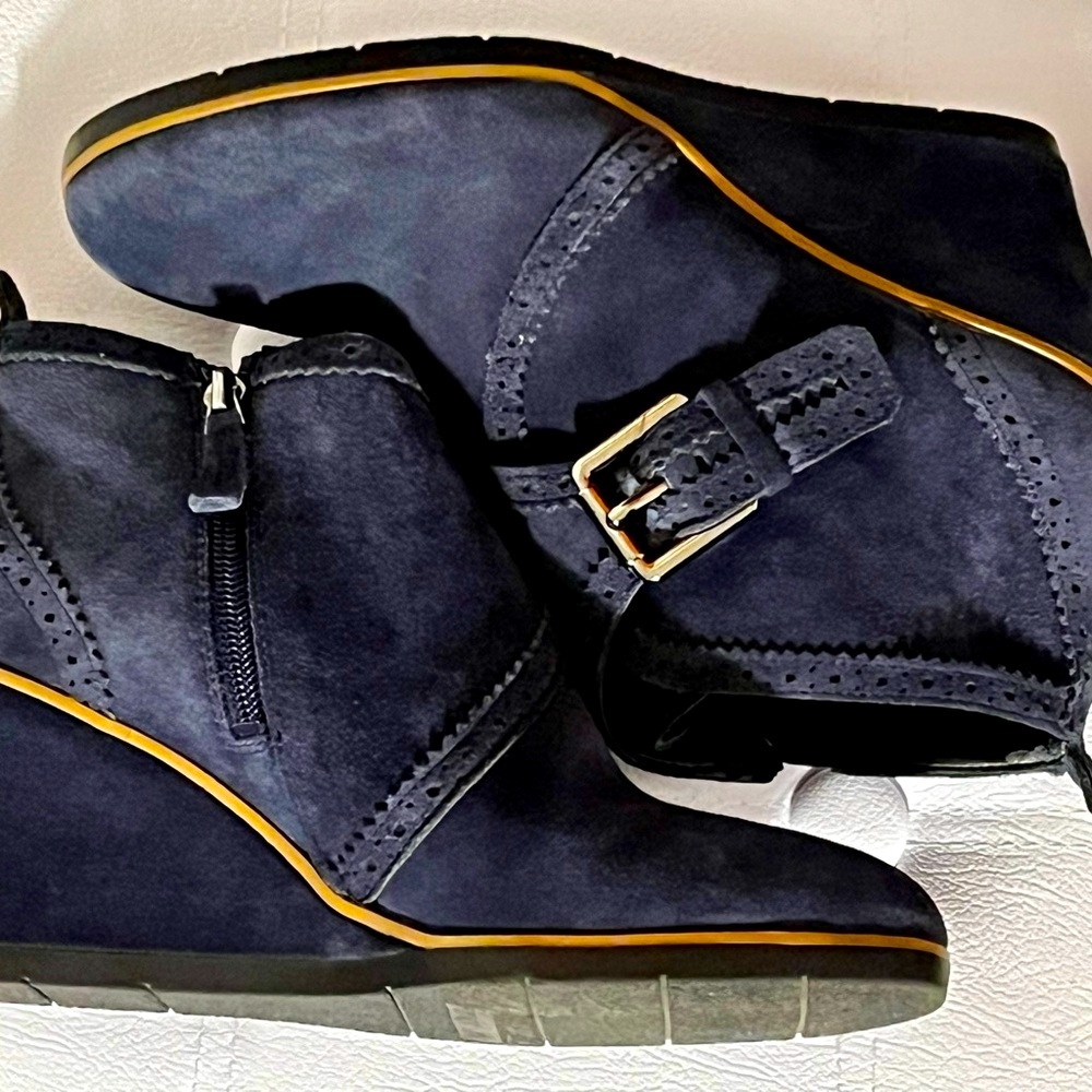 SZ 8 FRANCO SARTO LEATHER WEDGE NAVY BOOTS ANKLE